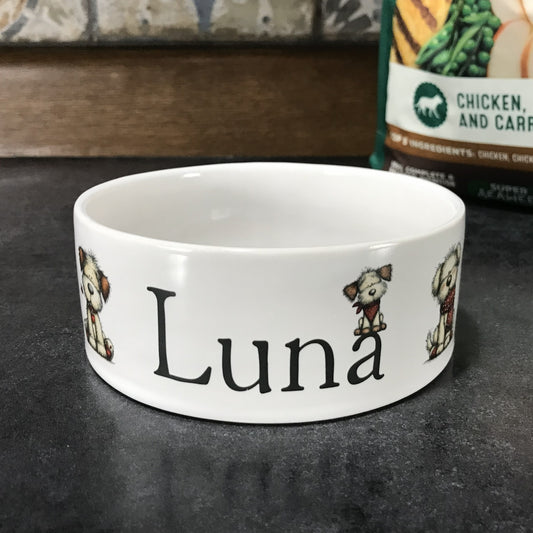 White personalized dog bowl with cute whimsical valentine's dogs.