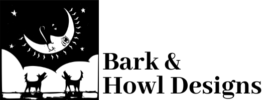 Logo of Bark & Howl Designs with moon, stars, and dogs in silhouette.