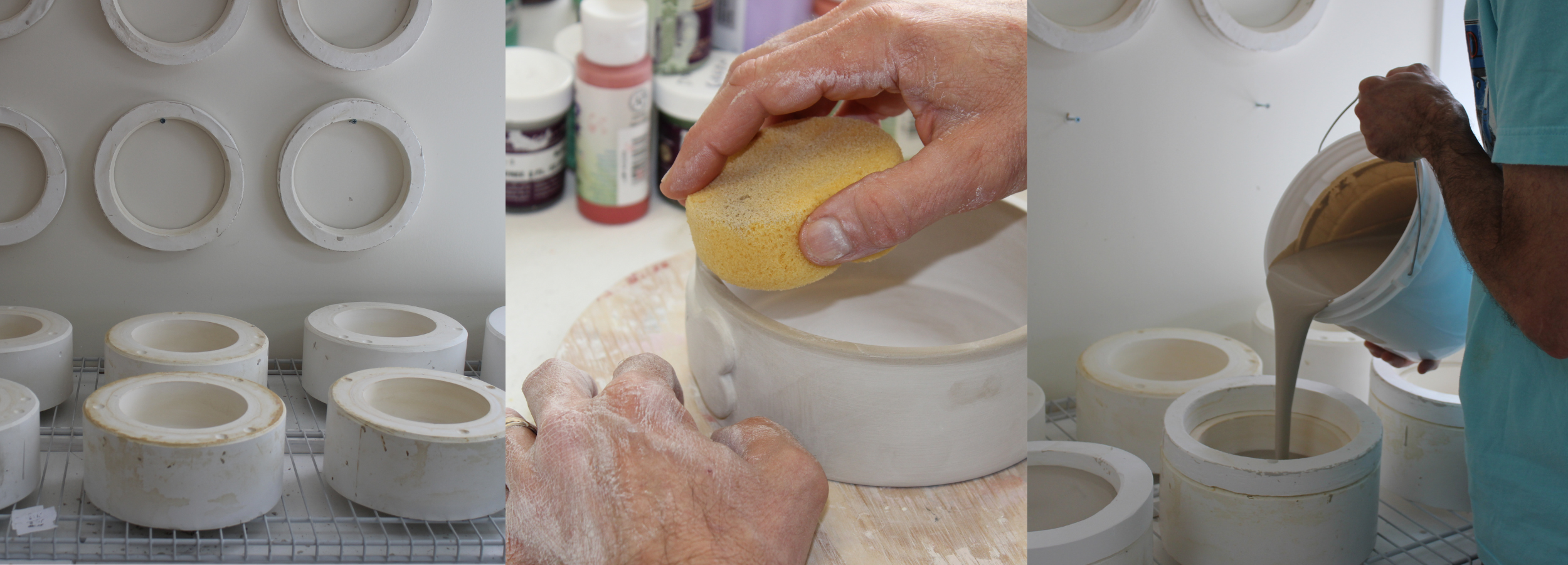 A collage images of pottery being slip cast. 