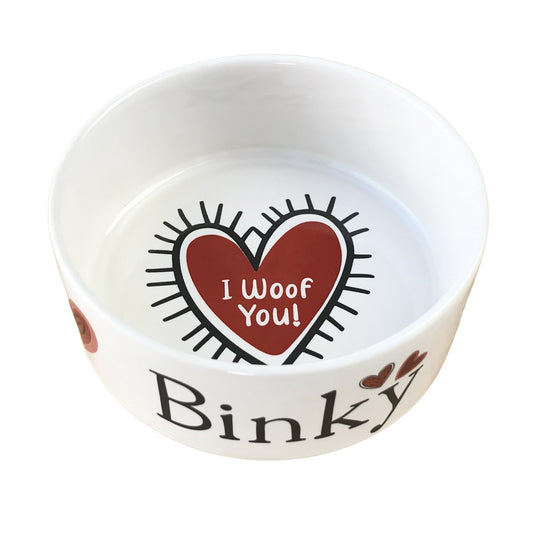White personalized dog bowl with " I Woof You" quote in a valentine's red heart. 