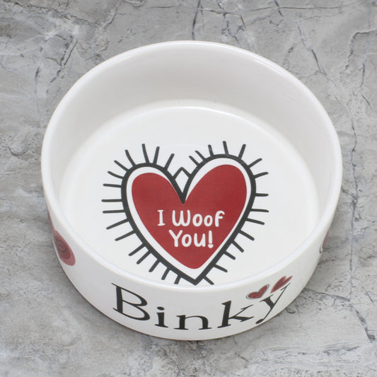 Personalized Dog Bowl - Red Hearts I Woof You