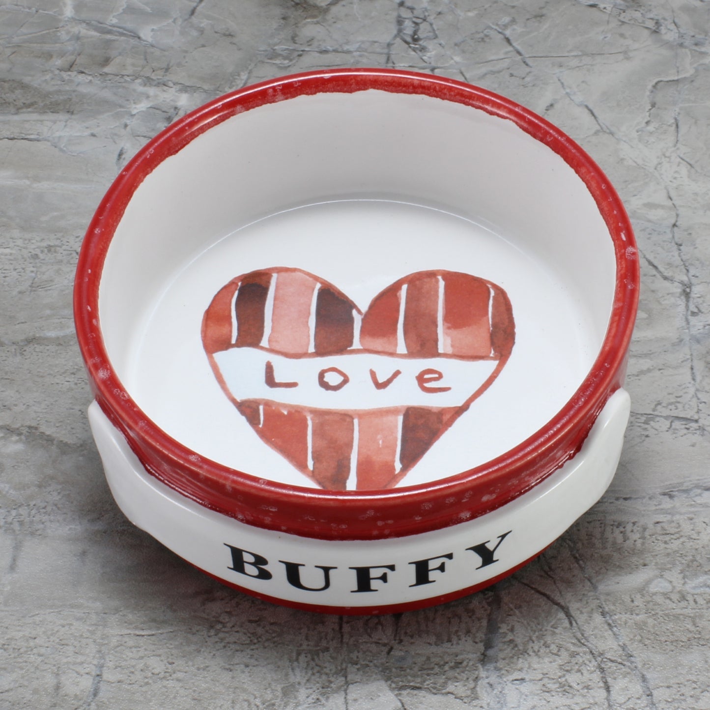 Personalized Love Heart Dog Bowl, Red Speckled Stoneware