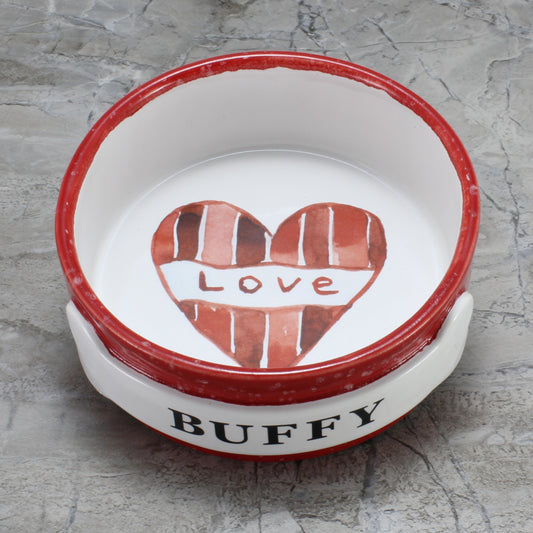Personalized Love Heart Dog Bowl, Red Speckled Stoneware
