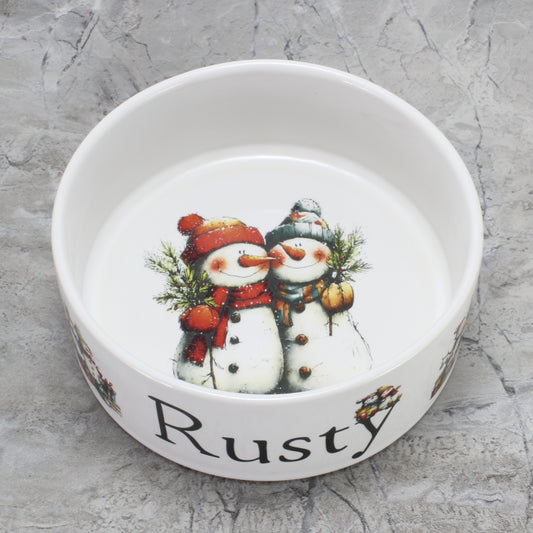 Personalized Dog Bowl - Wintery Snowmen