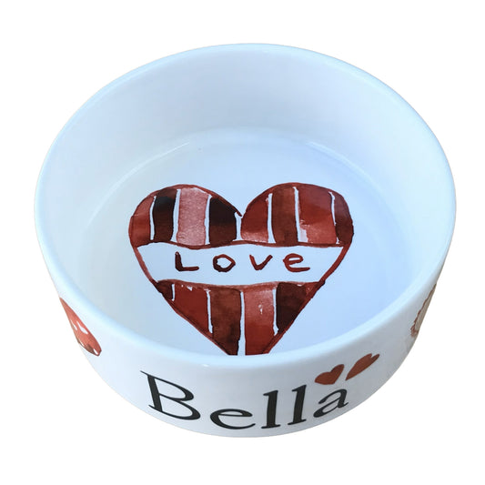 White personalized dog bowl with image of watercolor heart that reads love.