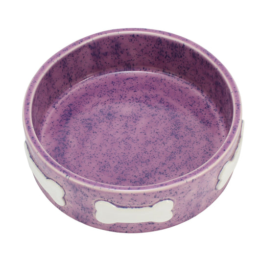 Purple Stoneware Dog Bowl with White Bones